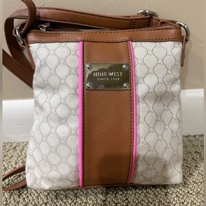 Nine West Tan and Cream Crossbody Bag with Pink Accent